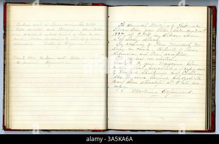 Le livre d'archives manuscrit de la Stillwater Library Association documente les réunions de 1870 à 1896, couvrant les élections, les finances et les activités de la bibliothèque. Banque D'Images