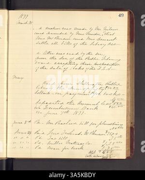 Le livre d'archives de la Stillwater Library Association comprend les procès-verbaux des réunions, le contenu de la collection de la bibliothèque, les sources de financement, les pratiques de prêt, les opérations quotidiennes et les noms des membres de l'association. Il fournit également des détails sur le transfert des documents à la nouvelle bibliothèque publique de Stillwater. Banque D'Images