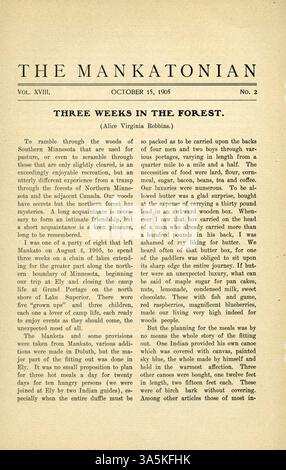 Le volume 18, numéro 2 du Mankatonian, publié en octobre 1905, est une publication étudiante à l'école normale d'État de Mankato. Il a mis en lumière les activités académiques, les événements sociaux et les publicités des entreprises locales, reflétant la vie étudiante dynamique de l'époque. Banque D'Images