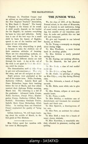 L'édition de mars 1906 de 'The Mankatonian' offre une variété de contenu généré par les étudiants, des résumés des événements à la poésie et à la prose. Il capture la vie étudiante à la Mankato State normal School au début des années 1900, ainsi que des publicités des entreprises voisines, documentant la culture locale. Banque D'Images