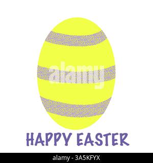 Mignon oeuf de Pâques jaune pastel avec des rayures violettes et texte de joyeuse Pâques, illustration minimale de style dessin animé sur fond blanc. Banque D'Images