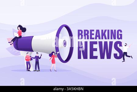 Modèle plat avec des personnes mégaphone brisant des nouvelles pour la conception de flyer. Concept d'actualités de dernière minute. Illustration vectorielle plate. Illustration de Vecteur