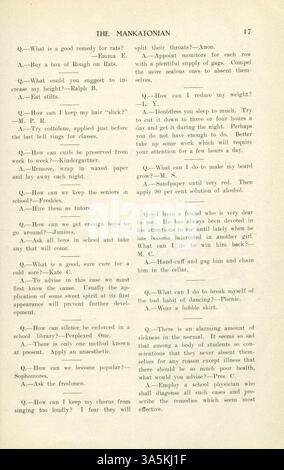 Le Mankatonian, une publication étudiante de l'Université d'État du Minnesota, Mankato, a été publié mensuellement de 1891 à 1913. Il couvrait les activités du campus, la vie étudiante, la poésie et les événements sociaux, avec des publicités des entreprises locales, offrant une fenêtre sur la culture étudiante du début du XXe siècle. Banque D'Images
