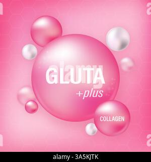 Pack de glutathion rose avec capsule et le troisième ingrédient peut être séparé. Substance pour beauté et cosmétique Illustration de Vecteur
