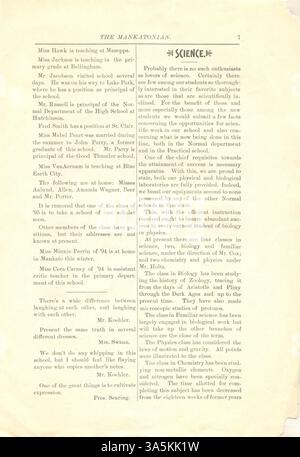 Le Mankatonian est une publication mensuelle des élèves de l'école normale d'État de Mankato de 1891 à 1913. Il présentait des activités scolaires, de la poésie, des événements sociaux et des publicités d'entreprises locales, donnant un aperçu de la vie étudiante à cette époque. La publication a été précédée par 'The Student' et suivie par 'School Spirit'. Banque D'Images