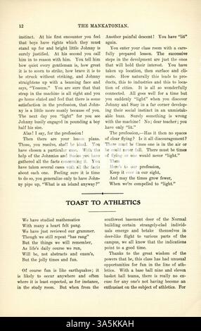 Le Mankatonian, publié de 1891 à 1913, était un magazine mensuel pour étudiants de l'école normale d'État de Mankato. Le magazine présentait des résumés d'activités scolaires, des articles, de la poésie, des événements sociaux et des publicités d'entreprises locales. Il a documenté la vie étudiante, y compris les sports, les clubs et les expériences en dortoir. La publication a été précédée par 'The Student' et suivie par 'School Spirit', le journal de l'école. Banque D'Images