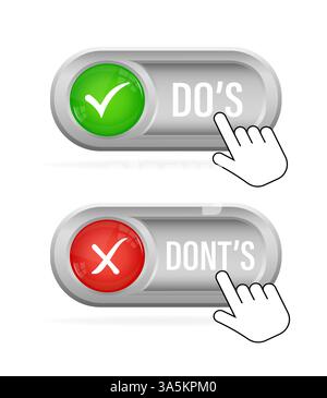 Do s et don ts écussons rouge et vert. Simple plat moderne logotype info design graphique isolé sur fond blanc. Concept de règles de conduite pour Illustration de Vecteur