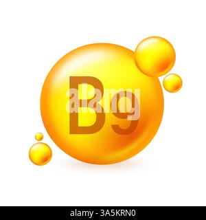 Icône de capcule de pilule brillante d'or de vitamine B9. Illustration vectorielle de capcule de pilule sur fond isolé blanc. Illustration de Vecteur