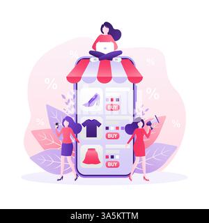 Smartphone de personnes d'achat en ligne plat pour la conception d'applications mobiles. Conception plate. Concept de téléphone de livraison en ligne Illustration de Vecteur
