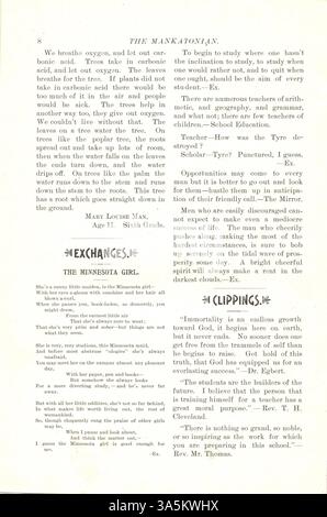 Le Mankatonian est une publication mensuelle dirigée par des étudiants à l'école normale d'État de Mankato de 1891 à 1913. Il comprenait des articles, des résumés d'événements scolaires, de la poésie et des publicités. Il était axé sur la vie étudiante, les activités et les événements locaux. Banque D'Images