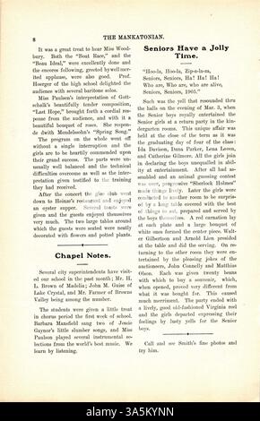 Dans le volume 17, numéro 11 du Mankatonian, publié le 1er avril 1905, les élèves de la Mankato State normal School contribuent au contenu du magazine, y compris des reportages sur les activités scolaires, les clubs, la poésie et les événements sociaux. Le numéro contient également des publicités provenant d'entreprises locales. Le Mankatonian a été publié mensuellement de 1891 à 1913. Banque D'Images