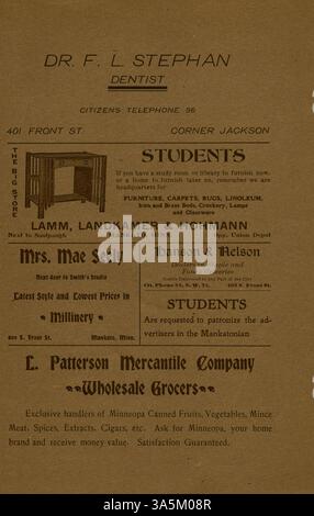 Le Mankatonian, un magazine étudiant mensuel, a documenté la vie à l'école normale d'État de Mankato de 1891 à 1913, couvrant des sujets tels que les clubs étudiants, les événements scolaires et la poésie, ainsi que des publicités des entreprises locales. Banque D'Images