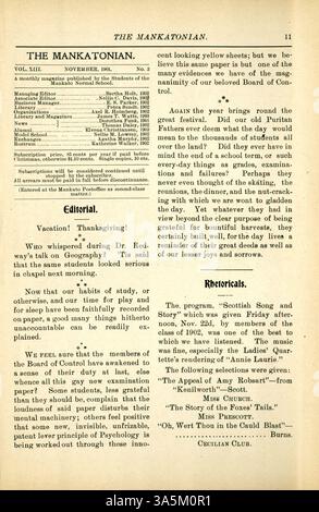 Le magazine Mankatonian, créé par des étudiants de la Mankato State normal School, présentait des poèmes, des activités scolaires, des événements locaux et des publicités des entreprises voisines. Le magazine a été publié mensuellement de 1891 à 1913. Banque D'Images