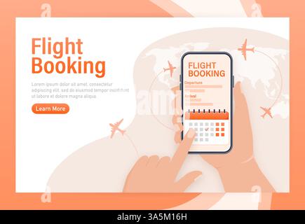 Conception de flyer pour la conception de promotion. Page d'accueil des illustrations de réservation en ligne de billets d'avion. Illustration vectorielle de conception plate. Icône de vecteur de déplacement. Illustration de Vecteur