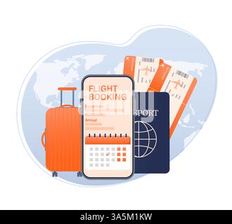 Conception de flyer pour la conception de promotion. Page d'accueil des illustrations de réservation en ligne de billets d'avion. Illustration vectorielle de conception plate. Icône de vecteur de déplacement. Illustration de Vecteur