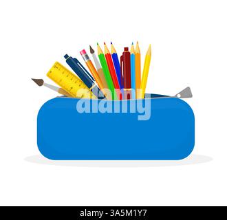 Étui à crayons coloré sur fond blanc. Fournitures scolaires illustration de dessin animé. Motif icône plate. Objets isolés Illustration de Vecteur
