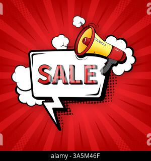 Illustration de signe de vente avec mégaphone. Style pop. Icône de dessin animé sur fond de couleur. Arrière-plan vectoriel Illustration de Vecteur