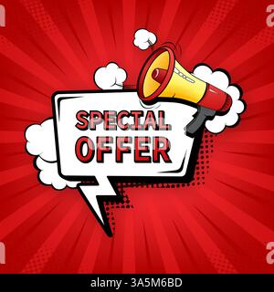 Offre spéciale. Badge, timbre avec icône mégaphone. Illustration vectorielle de style pop sur fond rouge Illustration de Vecteur