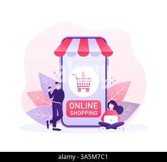 Line shopping People, grand design pour toutes les fins. Vecteur d'icône de téléphone. Illustration vectorielle plate de dessin animé. Concept de téléphone de livraison en ligne Illustration de Vecteur