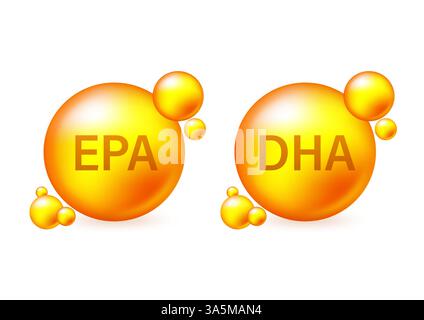 Jeu de gouttes vectorielles EPA, DHA. Formule chimique . Goutte de substance dorée brillante Illustration de Vecteur