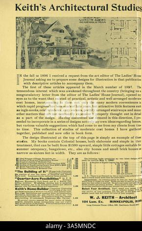 Le magazine Keith's Home-Builder, publié en 1899 par Walter J. Keith, présente des plans d'étage et des conceptions architecturales de maisons et de bâtiments publics. Chaque numéro présente des détails complets, y compris les coûts de construction, les articles de décoration intérieure et les publicités pour le mobilier et les matériaux de construction. Banque D'Images