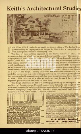 Keith's Home-Builder (1899) propose des conceptions de maisons avec des plans d'étage, des coûts de construction et des détails architecturaux. Le magazine comprend également des articles sur la construction de maisons, le design d'intérieur, l'architecture paysagère et des publicités pour les matériaux de construction et l'ameublement. Banque D'Images