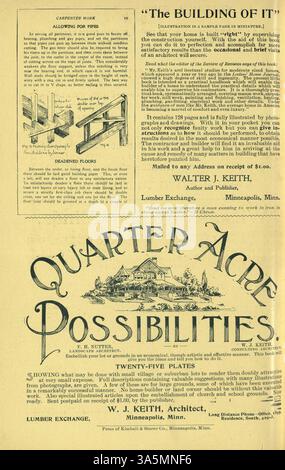 L'édition 1899 de Keith's Home-Builder présente des conceptions de maisons avec des plans d'étage, des descriptions et des détails de coût. Le magazine comprend également des articles sur l'amélioration de la maison, la décoration intérieure et l'aménagement paysager, avec des illustrations et des publicités pour les matériaux de construction, l'ameublement et les accessoires de construction. Banque D'Images