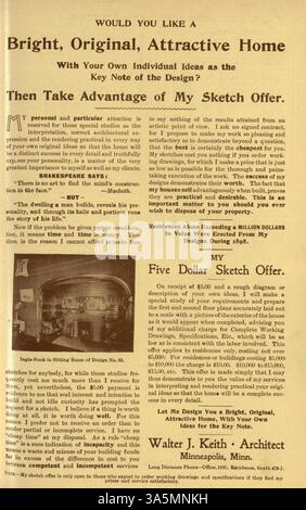 Keith's Home-Builder (1899) fournit des conceptions de maisons, des plans d'étage et des estimations de coûts de construction. Le magazine comprend des articles sur la construction de maisons, la décoration intérieure et l'aménagement paysager, ainsi que des publicités pour l'ameublement et les matériaux de construction. Certains numéros comportent des plans pour les églises et les écoles. Banque D'Images