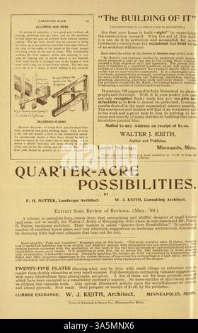 En 1899, le magazine Home-Builder de Keith présentait divers modèles de maisons, plans d'étage et coûts de construction. Il comprenait également des articles sur la décoration intérieure et l'aménagement paysager. Des annonces pour les matériaux de construction et les accessoires pour la maison ont été incluses, avec quelques numéros fournissant des dessins pour les églises et les écoles. Banque D'Images