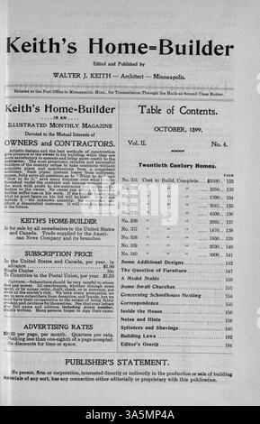 Keith's Home-Builder de Walter J. Keith, publié pour la première fois en 1899, fournit des plans détaillés de la maison avec des illustrations, des estimations des coûts de construction et des descriptions de conception. Le magazine présente également des articles sur la construction de maisons, le design d'intérieur, l'aménagement paysager et des publicités pour les matériaux de construction et les meubles. Certains numéros proposent des plans pour les écoles et les églises. Banque D'Images