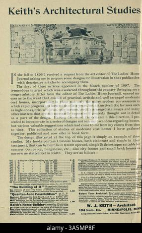 Keith's Home-Builder, un magazine publié en 1899 par Walter J. Keith, fournit des conceptions de maisons, des plans d'étage et des estimations de coûts. Il comprend des articles sur la construction de maisons, la décoration intérieure, l'aménagement paysager, ainsi que des publicités pour l'ameublement et les matériaux de construction. Certains numéros présentent des plans d'église et d'école. Banque D'Images