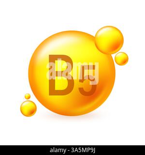 Icône de capcule de pilule brillante d'or de vitamine B5. Illustration vectorielle de capcule de pilule sur fond isolé blanc Illustration de Vecteur