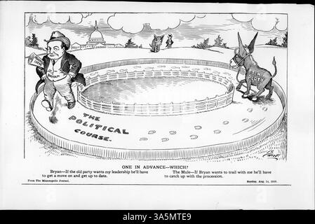 Caricature politique représentant William Jennings Bryan avec un rouleau marqué « idées avancées », marchant le long du « cours politique », avec l'âne démocrate et l'éléphant républicain en arrière-plan. Il reflète avec humour la dynamique politique et les luttes de leadership. Banque D'Images