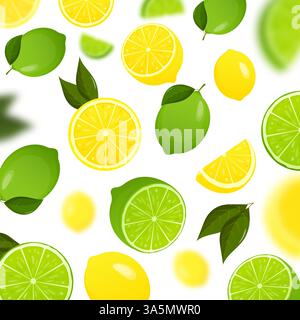 Fond de citron vert et citron. Voler entier, moitié et tranches de citron vert frais Illustration de Vecteur