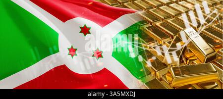 Lingots d'or avec drapeau du Burundi. Cartographier simplement les stocks de métaux précieux. Système national d'économie bancaire de réserve de change. Réserve dorée. image 3d. Banque D'Images