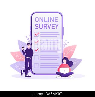 Ligne de sondage en ligne personnes, grande conception pour tous les buts. Smartphone avec des personnes effectuant une enquête. Concept technologique. Illustration de Vecteur