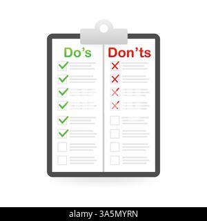 Liste des choses à faire et à ne pas faire sur papier. Illustration vectorielle isolée sur fond blanc. Illustration de Vecteur
