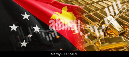 Lingots d'or avec drapeau Papouasie-Nouvelle-Guinée. Cartographier simplement les stocks de métaux précieux. Système national d'économie bancaire de réserve de change. Réserve dorée. 3 Banque D'Images
