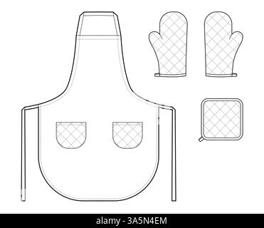 Ensemble de tabliers, gants de four et illustration de mode technique de potholder. Uniforme de chef pour la cuisson modèle de vêtements de contour de croquis à plat. Femmes, hommes unisexe CAD maquette isolé sur fond blanc Illustration de Vecteur