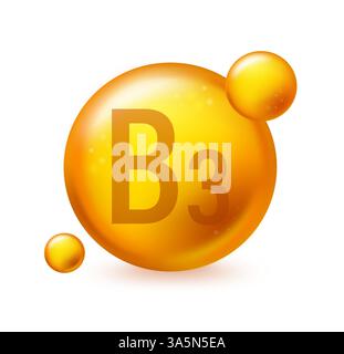 Icône de capcule de pilule brillante d'or de vitamine B3. Illustration vectorielle de capcule de pilule sur fond isolé blanc Illustration de Vecteur