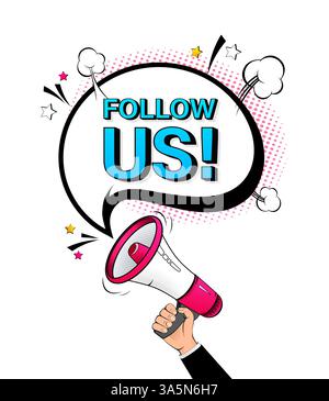 Suivez-nous mégaphone sur fond blanc pour la conception de flyer. Illustration vectorielle dans le style pop Illustration de Vecteur