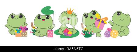 Ensemble de dessin clipart de personnage d'anniversaire de grenouille. Icône de grenouille verte clip art avec des éléments de fête comme une boîte cadeau, des ballons et un cupcake dans la pose joyeuse plat Illustration de Vecteur