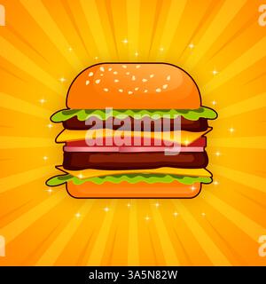 Burger dans le style de bande dessinée. Gros plan pour la conception de la promotion. Arrière-plan abstrait. Création de logo. Restauration rapide. Illustration de Vecteur