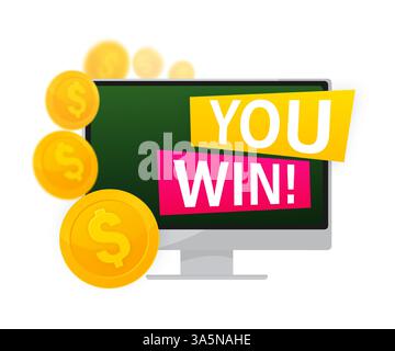 Vous gagnez modèle de conception de bannière d'affiche vectorielle. Pièce d'un dollar sur le moniteur. Illustration vectorielle Illustration de Vecteur