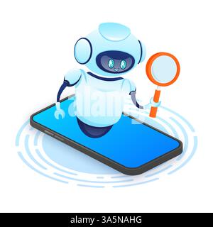 Search bot dans le style de dessin animé. Intelligence artificielle. Vecteur isométrique. Illustration vectorielle Illustration de Vecteur