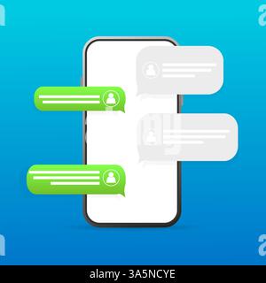 Bouton vert plat sur fond bleu. Icône de bulle de conversation. Modèle de chat, message. Conception de modèle. Illustration vectorielle plate. Vecteur d'icône de téléphone. Illustration de Vecteur