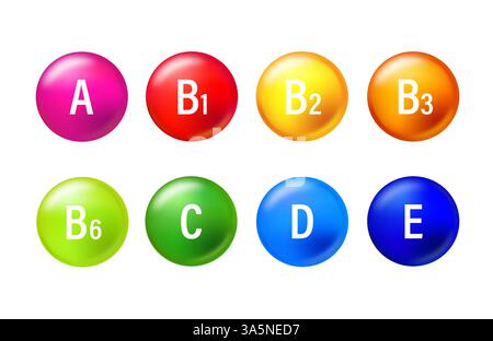 Ensemble de vitamine colorée. VITAMINE A, B1, B2, B3, B4, C, d, E. capsules multivitamines isolées sur fond bleu. Illustration de Vecteur