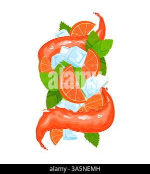 Boisson juteuse au pamplemousse avec vague de jus de style plat, glaçons, citron vert et feuilles de menthe. Illustration vectorielle Illustration de Vecteur