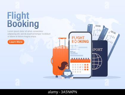 Conception de flyer pour la conception de promotion. Page d'accueil des illustrations de réservation en ligne de billets d'avion. Illustration vectorielle de conception plate. Icône de vecteur de déplacement. Illustration de Vecteur