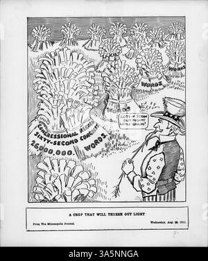 Cette caricature politique montre oncle Sam commentant l'abondance de discours et de projets de loi au Congrès, symbolisés par des bottes de foin étiquetées avec le Congressional Record. Banque D'Images